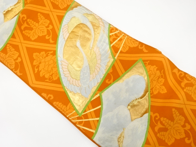 JAPANESE KIMONO / ANTIQUE FUKURO OBI / SILK / WOVEN CRANE & PINE
